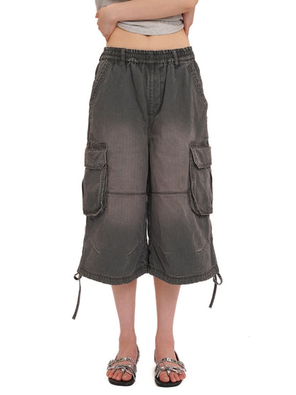 Washed Faded 3D Pocket Cuffs Adjustable Cargo Cropped Pants【s0000012744】