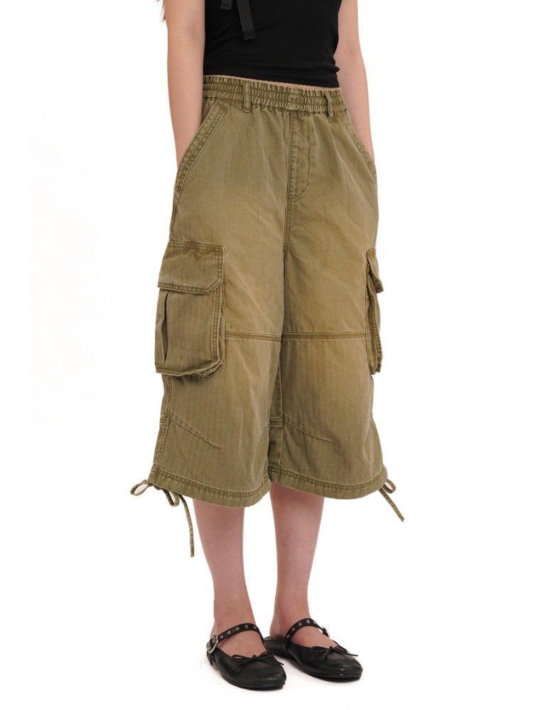 Washed Faded 3D Pocket Cuffs Adjustable Cargo Cropped Pants【s0000012744】