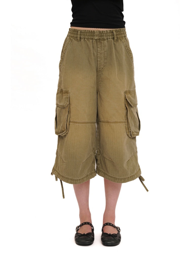 Washed Faded 3D Pocket Cuffs Adjustable Cargo Cropped Pants【s0000012744】