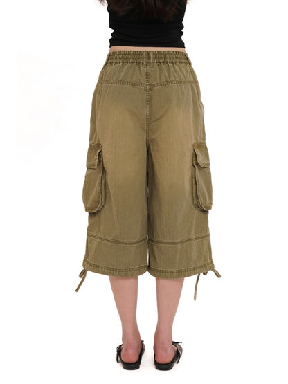 Washed Faded 3D Pocket Cuffs Adjustable Cargo Cropped Pants【s0000012744】