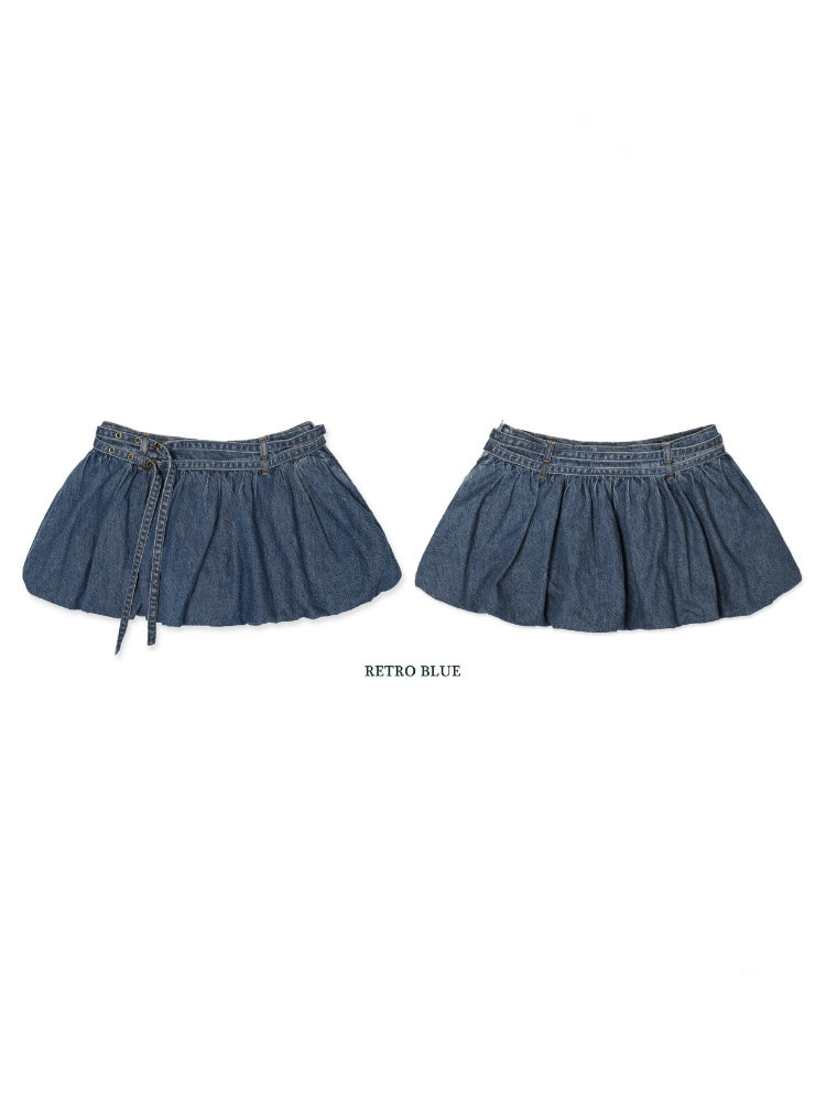 Double Belt Adjustable Buckle Denim Bud Mini Skirt【s0000012745】