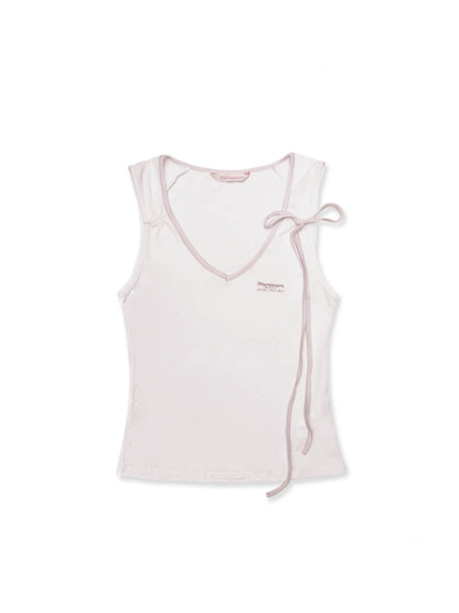 Summer Skin Baring Bow Shirred Tie Contrast Edge Camisole【s0000012749】