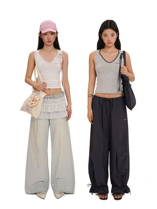 Summer Skin Baring Bow Shirred Tie Contrast Edge Camisole【s0000012749】