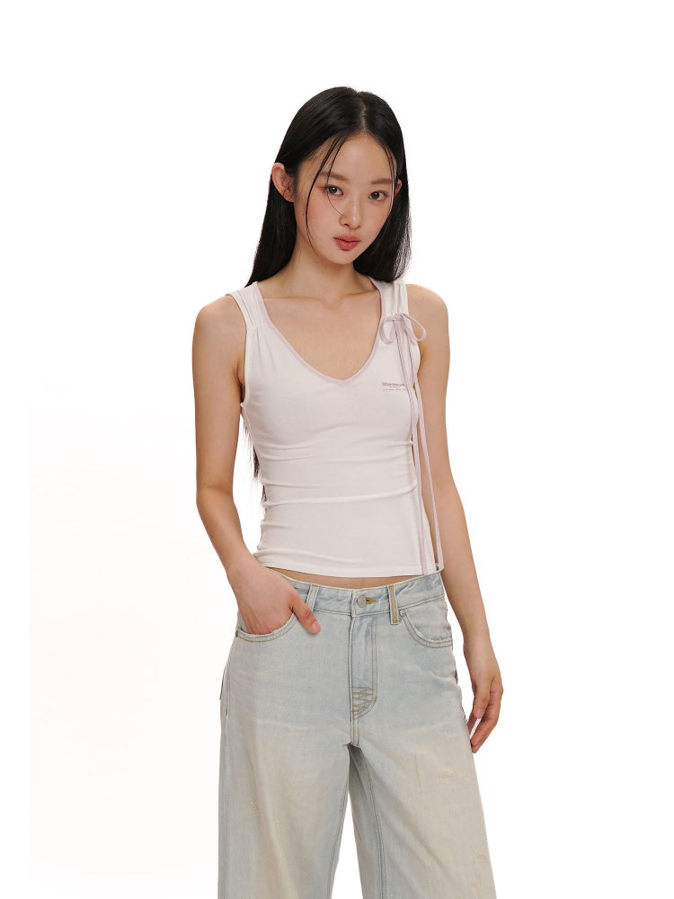 Summer Skin Baring Bow Shirred Tie Contrast Edge Camisole【s0000012749】