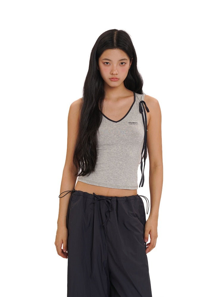 Summer Skin Baring Bow Shirred Tie Contrast Edge Camisole【s0000012749】