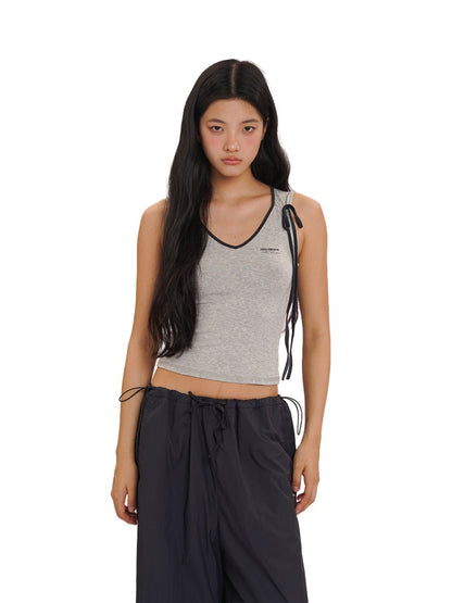 Summer Skin Baring Bow Shirred Tie Contrast Edge Camisole【s0000012749】