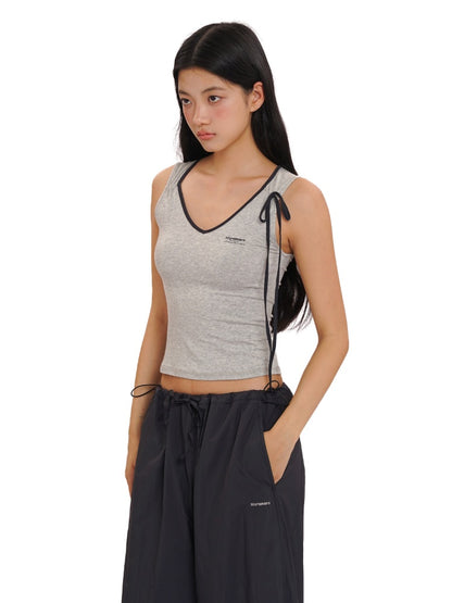 Summer Skin Baring Bow Shirred Tie Contrast Edge Camisole【s0000012749】