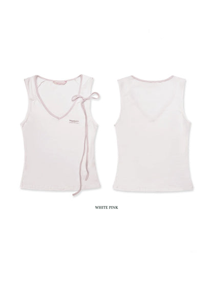 Summer Skin Baring Bow Shirred Tie Contrast Edge Camisole【s0000012749】