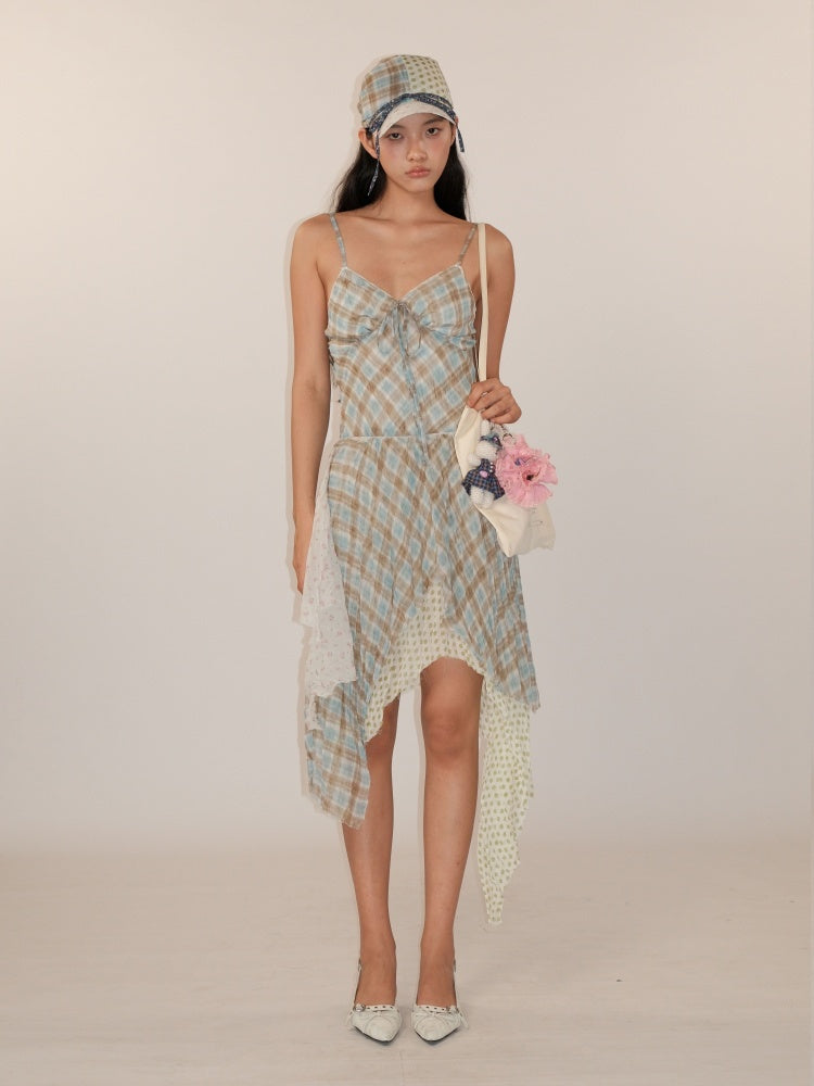 Floral Plaid Dot Layered Stitching Irregular Hem Cami Slip Dress【s0000012750】