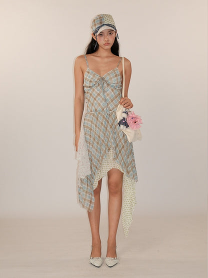 Floral Plaid Dot Layered Stitching Irregular Hem Cami Slip Dress【s0000012750】