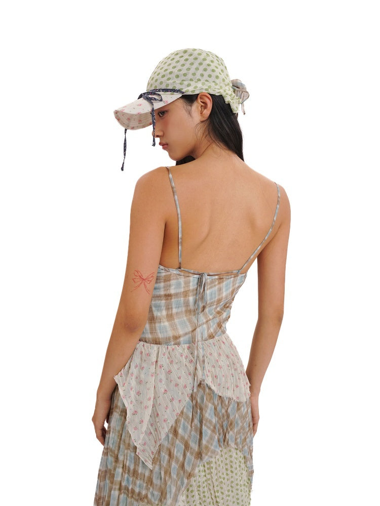 Floral Plaid Dot Layered Stitching Irregular Hem Cami Slip Dress【s0000012750】