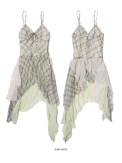 Floral Plaid Dot Layered Stitching Irregular Hem Cami Slip Dress【s0000012750】