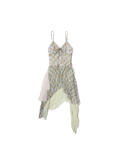 Floral Plaid Dot Layered Stitching Irregular Hem Cami Slip Dress【s0000012750】