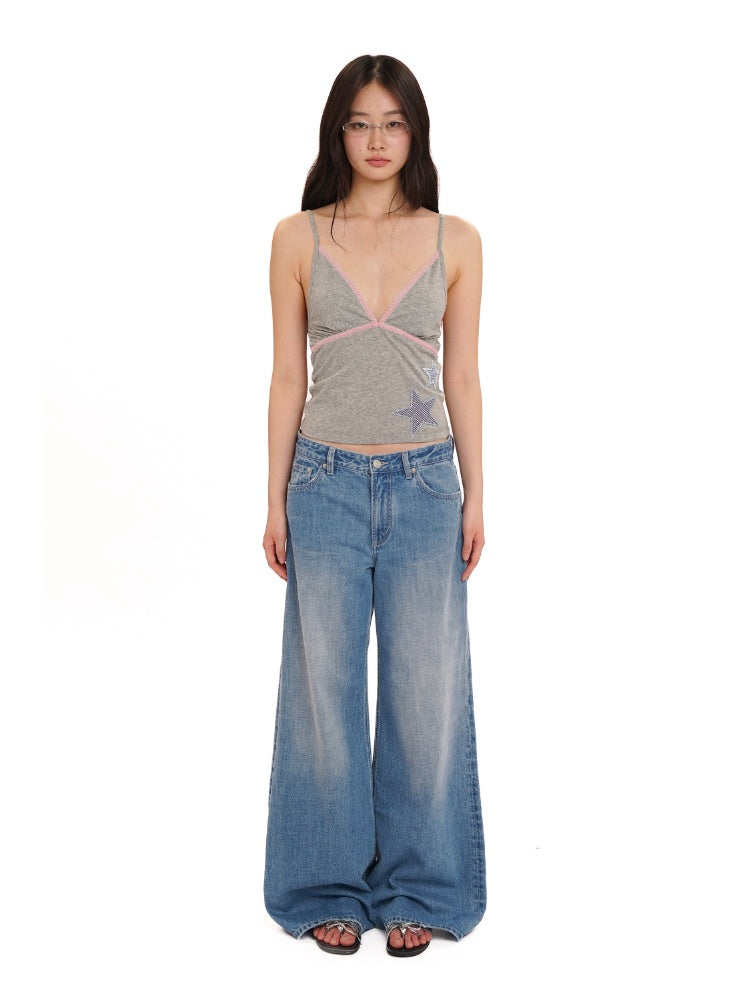Summer Plaid Star Applique Embroidered Adjustable Shoulder Slim Fit Camisole【s0000012751】