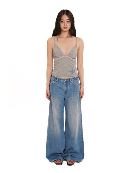 Summer Plaid Star Applique Embroidered Adjustable Shoulder Slim Fit Camisole【s0000012751】
