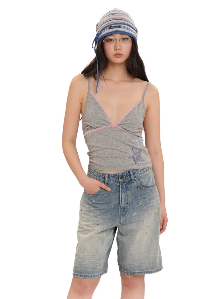 Summer Plaid Star Applique Embroidered Adjustable Shoulder Slim Fit Camisole【s0000012751】