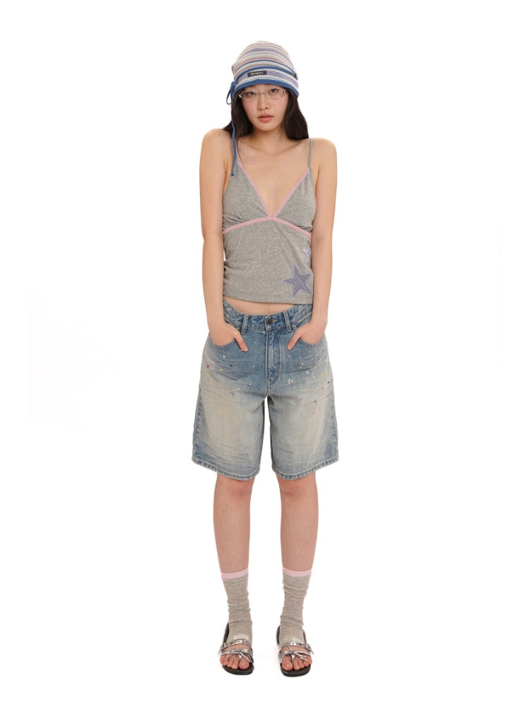 Summer Plaid Star Applique Embroidered Adjustable Shoulder Slim Fit Camisole【s0000012751】