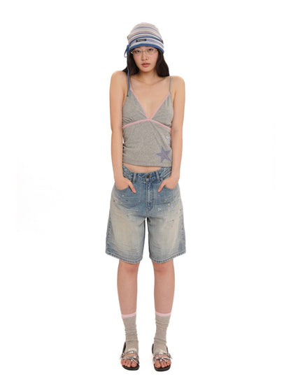Summer Plaid Star Applique Embroidered Adjustable Shoulder Slim Fit Camisole【s0000012751】