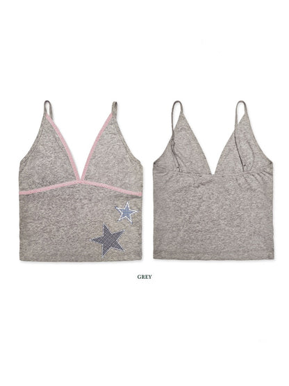 Summer Plaid Star Applique Embroidered Adjustable Shoulder Slim Fit Camisole【s0000012751】