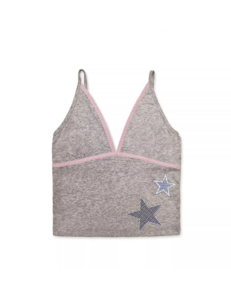 Summer Plaid Star Applique Embroidered Adjustable Shoulder Slim Fit Camisole【s0000012751】
