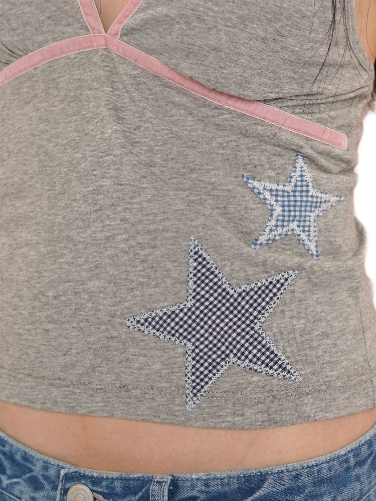 Summer Plaid Star Applique Embroidered Adjustable Shoulder Slim Fit Camisole【s0000012751】