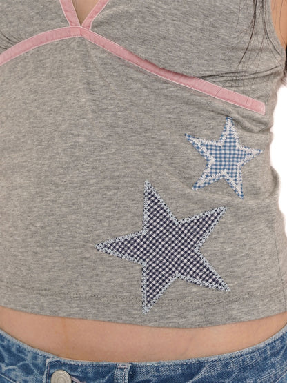 Summer Plaid Star Applique Embroidered Adjustable Shoulder Slim Fit Camisole【s0000012751】