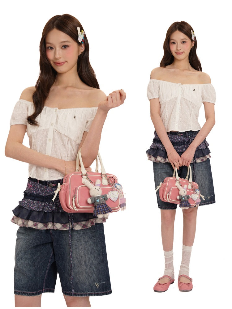 Summer Jacquard Cut-Out Floral Lace Large Neckline Short Sleeve Tops【s0000012752】