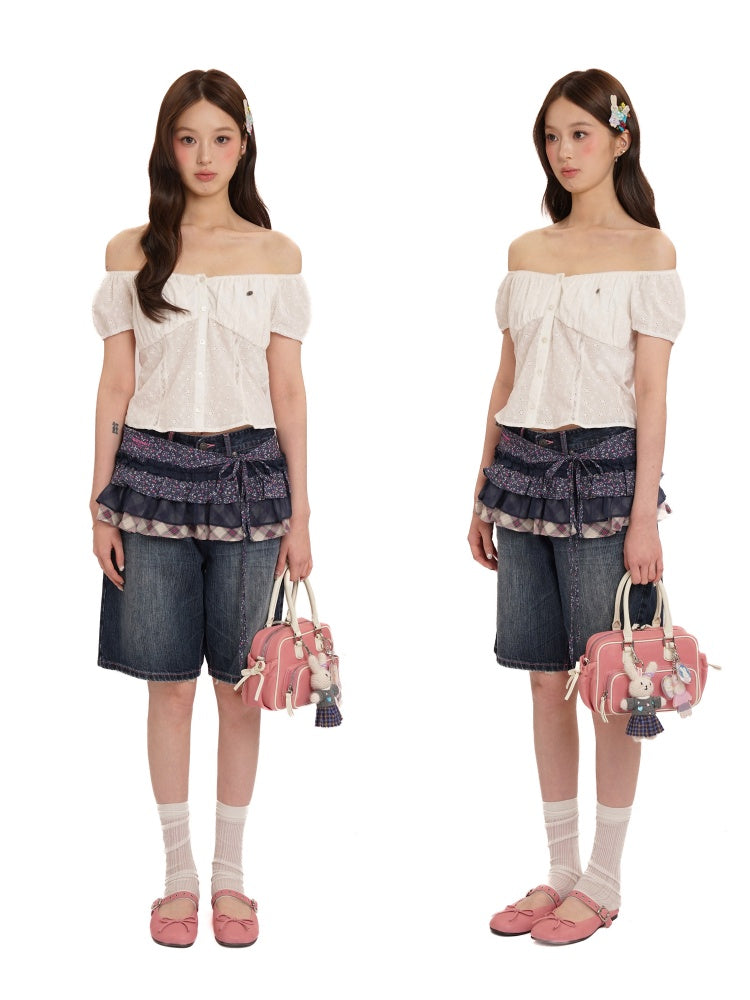 Summer Jacquard Cut-Out Floral Lace Large Neckline Short Sleeve Tops【s0000012752】