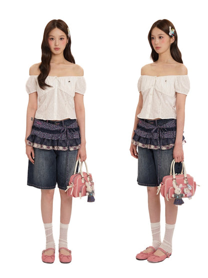 Summer Jacquard Cut-Out Floral Lace Large Neckline Short Sleeve Tops【s0000012752】