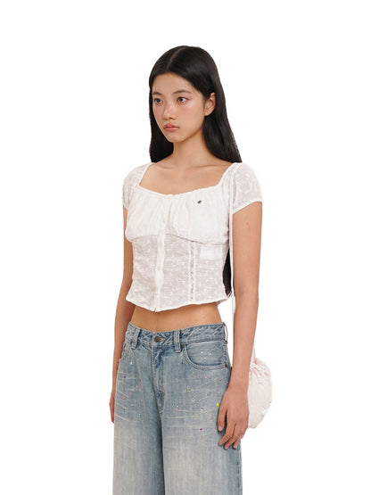 Summer Jacquard Cut-Out Floral Lace Large Neckline Short Sleeve Tops【s0000012752】