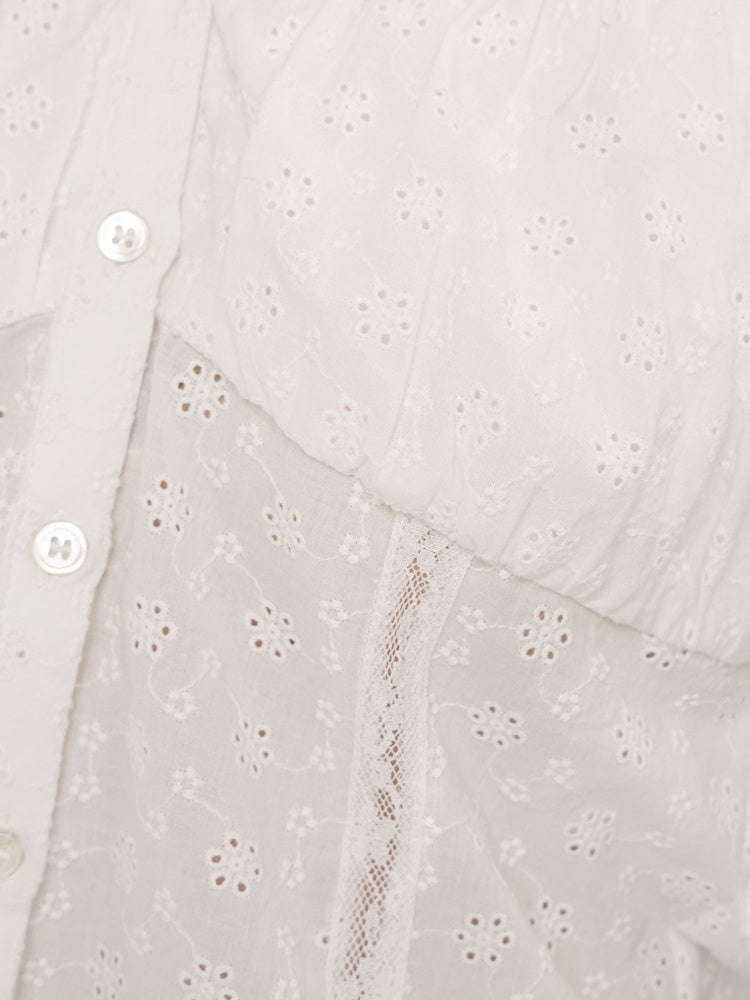 Summer Jacquard Cut-Out Floral Lace Large Neckline Short Sleeve Tops【s0000012752】