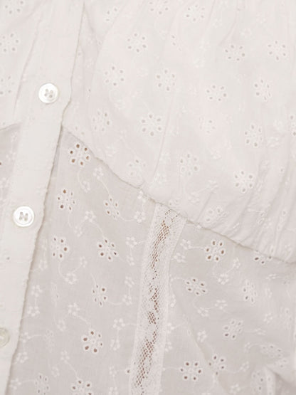 Summer Jacquard Cut-Out Floral Lace Large Neckline Short Sleeve Tops【s0000012752】