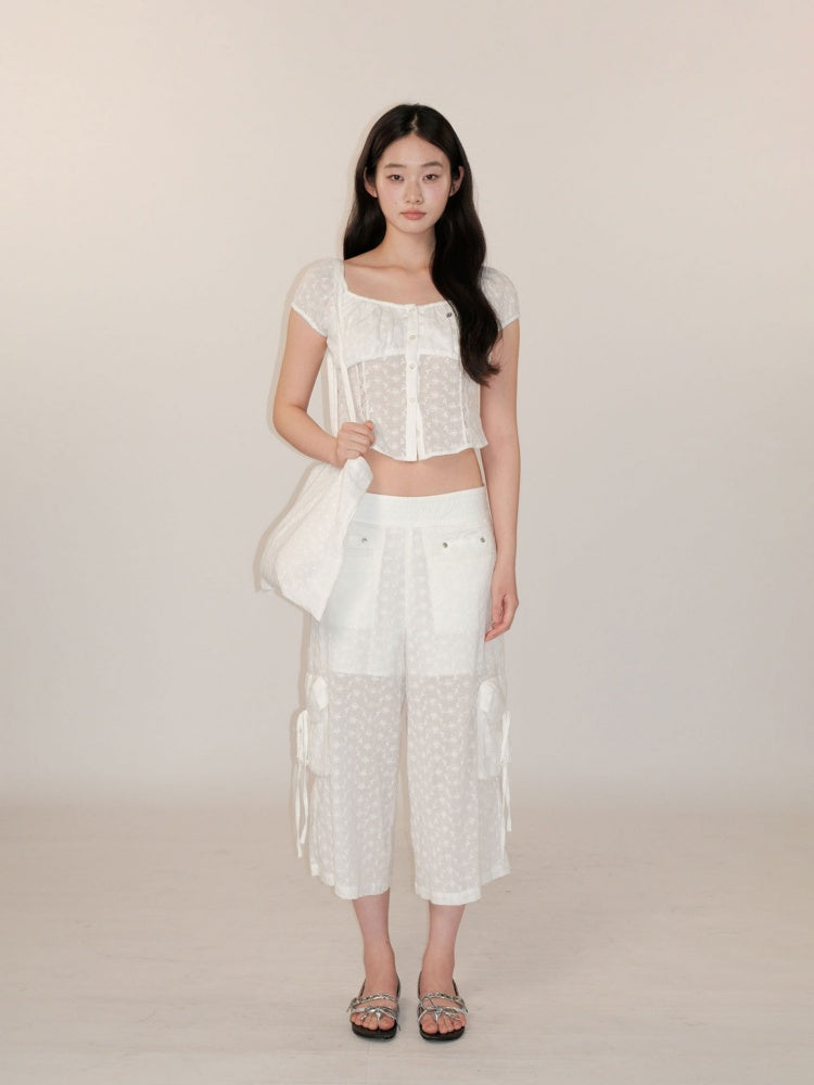 Summer Jacquard Cut-Out Floral Lace Large Neckline Short Sleeve Tops【s0000012752】