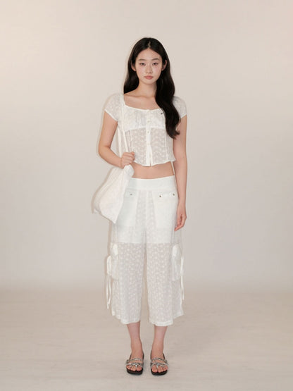 Summer Jacquard Cut-Out Floral Lace Large Neckline Short Sleeve Tops【s0000012752】