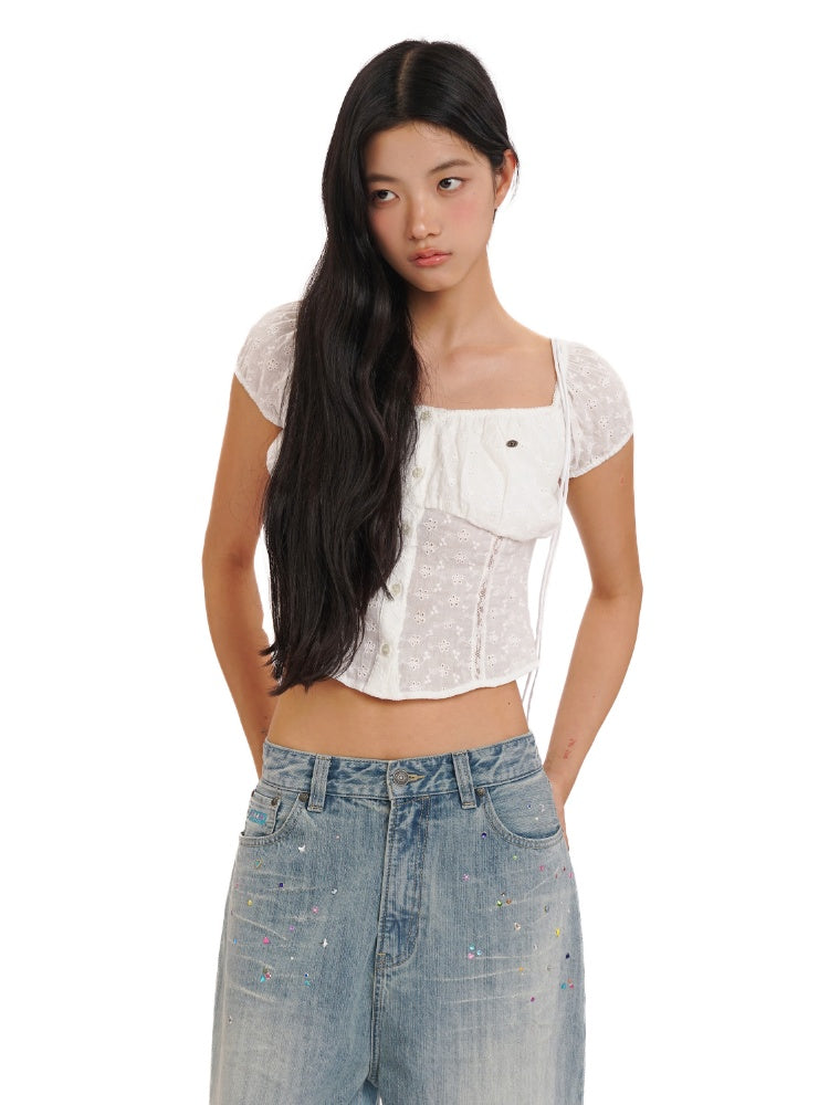 Summer Jacquard Cut-Out Floral Lace Large Neckline Short Sleeve Tops【s0000012752】