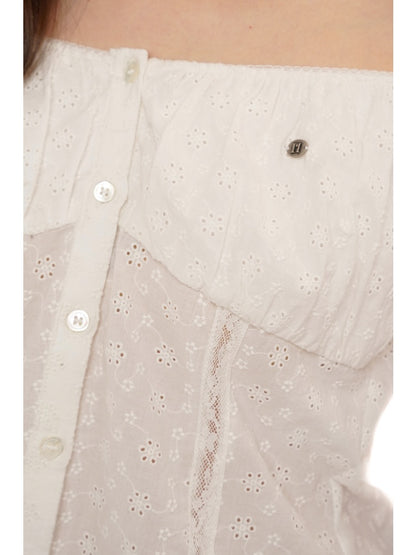 Summer Jacquard Cut-Out Floral Lace Large Neckline Short Sleeve Tops【s0000012752】