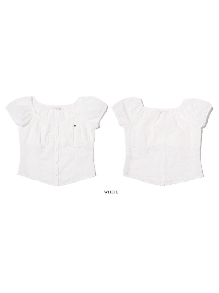 Summer Jacquard Cut-Out Floral Lace Large Neckline Short Sleeve Tops【s0000012752】