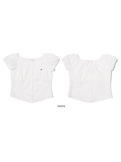 Summer Jacquard Cut-Out Floral Lace Large Neckline Short Sleeve Tops【s0000012752】
