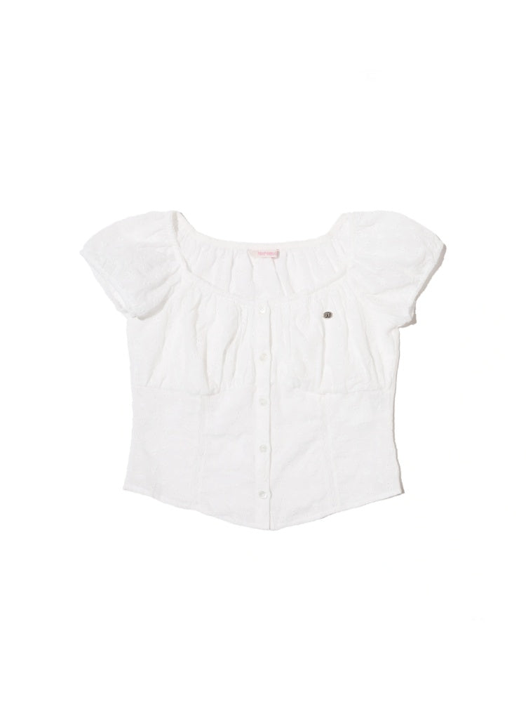 Summer Jacquard Cut-Out Floral Lace Large Neckline Short Sleeve Tops【s0000012752】