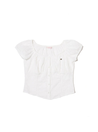 Summer Jacquard Cut-Out Floral Lace Large Neckline Short Sleeve Tops【s0000012752】