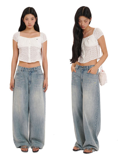Summer Jacquard Cut-Out Floral Lace Large Neckline Short Sleeve Tops【s0000012752】