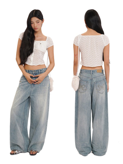 Summer Jacquard Cut-Out Floral Lace Large Neckline Short Sleeve Tops【s0000012752】