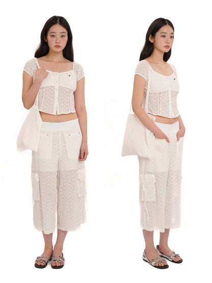 Summer Jacquard Cut-Out Floral Lace Large Neckline Short Sleeve Tops【s0000012752】