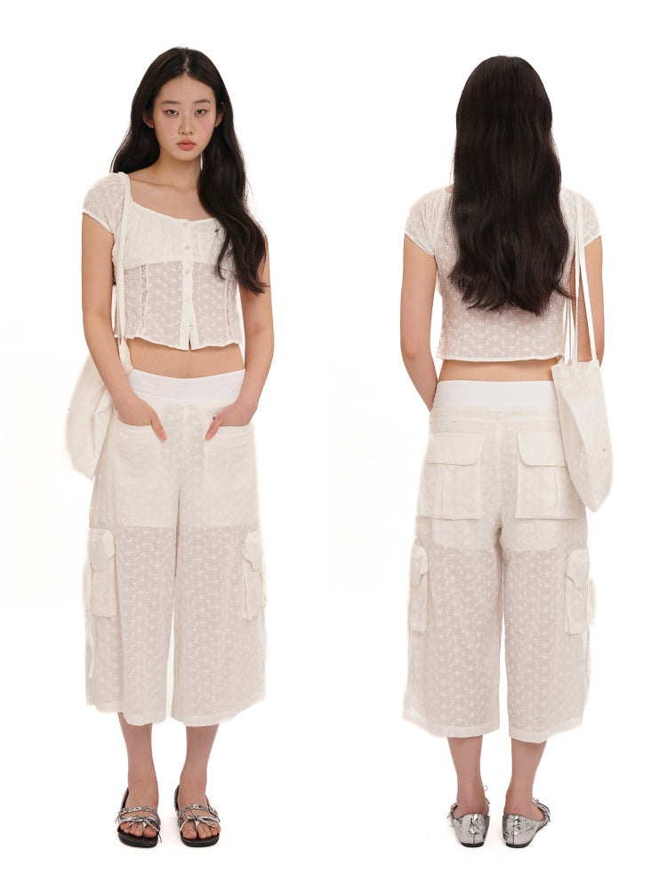 Summer Jacquard Cut-Out Floral Lace Large Neckline Short Sleeve Tops【s0000012752】