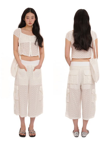 Summer Jacquard Cut-Out Floral Lace Large Neckline Short Sleeve Tops【s0000012752】