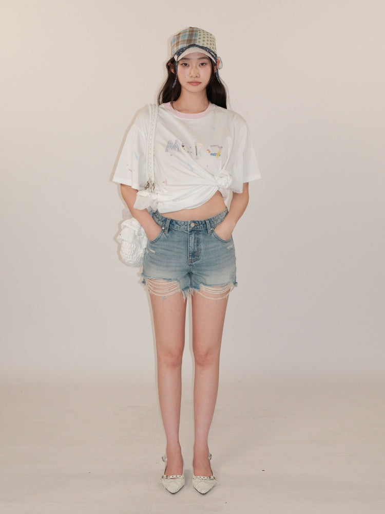 Vintage Babes Worn Leather Label Denim Shorts【s0000012753】