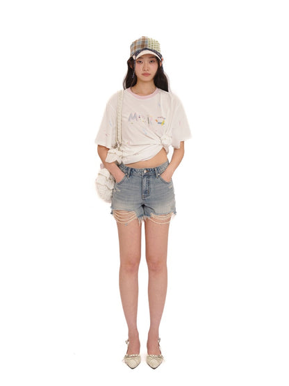 Vintage Babes Worn Leather Label Denim Shorts【s0000012753】
