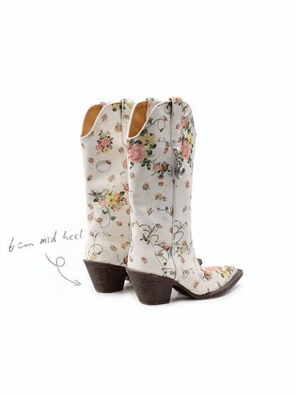 Floral Canvas Mid Calf Western Riding Boots【s0000012882】