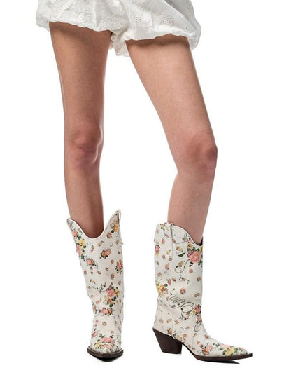 Floral Canvas Mid Calf Western Riding Boots【s0000012882】