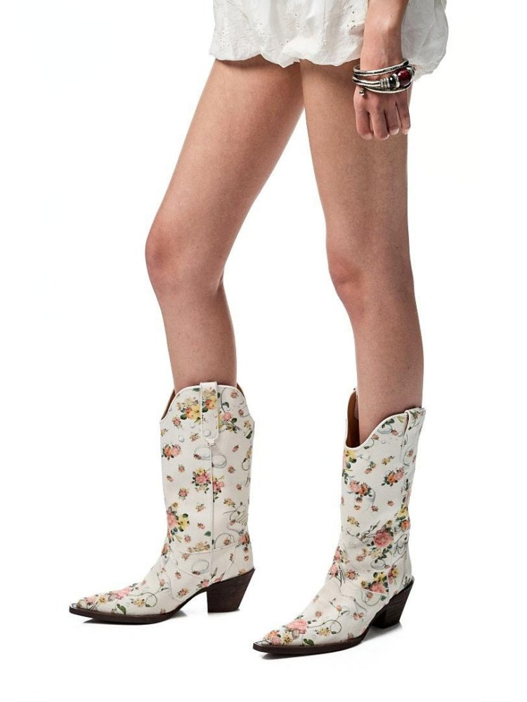Floral Canvas Mid Calf Western Riding Boots【s0000012882】